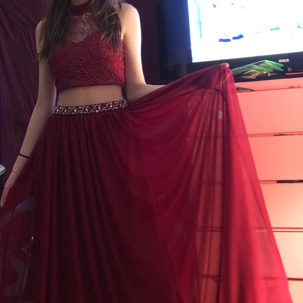 Two Piece Red Sequined Prom Dress